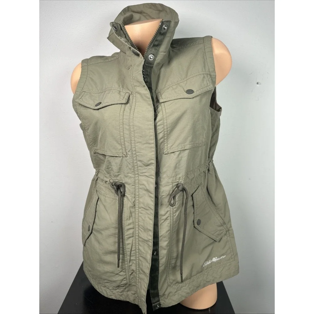 Eddie Bauer PM Womens Vest Olive Green Drawstring Pockets Zip Fishing Hiking